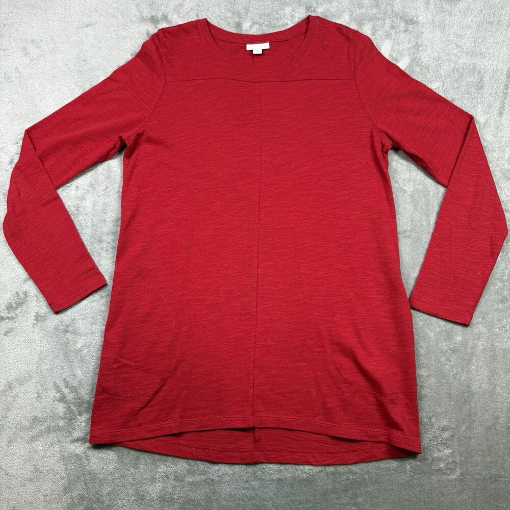 J.Jill Shirt Women Medium Red Cotton Tunic Solid Pockets Round Neck Long Sleeve